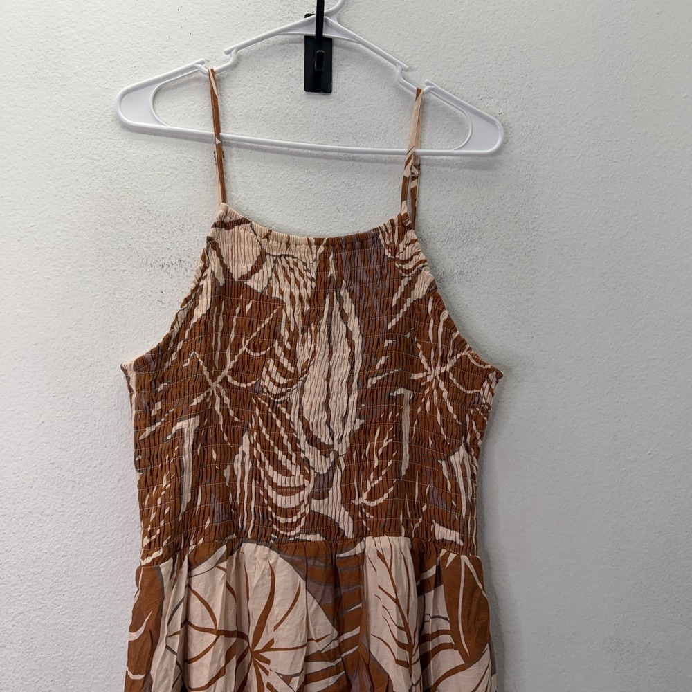 Baltic Born Dress 2XL Smocked Midi Tan Floral Formal Boho Tropical Flowy Stretch - Picture 2 of 10